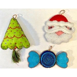 Beautiful Christmas Ornaments, Set of 3, Handmade Felt & Beadwork, Same Day Ship
